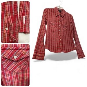 Abercrombie & Fitch Western sparkle plaid gold embroidered horseshoes sz M Pearl